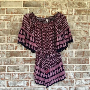 Raga Floral Feather Pom Pom Trim Border Print Short Romper